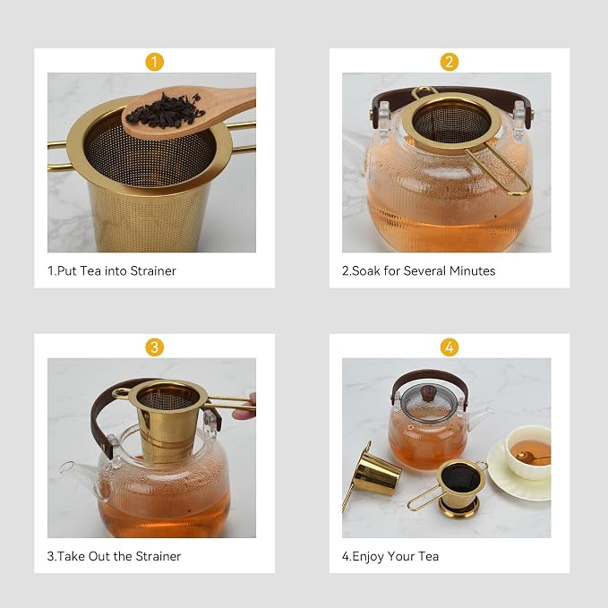 2pcs Tea Diffuser, Stainless Steel Tea Strainer Fine Mesh Tea Infuser with Double Long Handles Loose Leaf Tea Steeper for Mugs Cups Teapots (Gold)