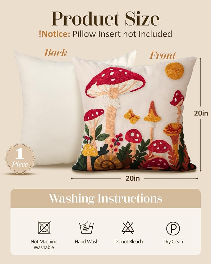 Embroidered Throw Pillow Cover 20x20 Inch, Mushroom Moon | Decorative Pillow Cover, Boho Cottagecore Cushion Case with Hidden Zipper, Home Decor for Couch, Sofa, Living Room, Bedroom