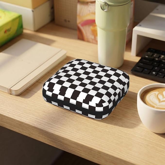 Black And White Checkered Racing Flag Checkerboard Square Grid Period Bag For Women,Portable Sanitary Napkin Period Pad Pouch For Purse, Small Make Up Bags