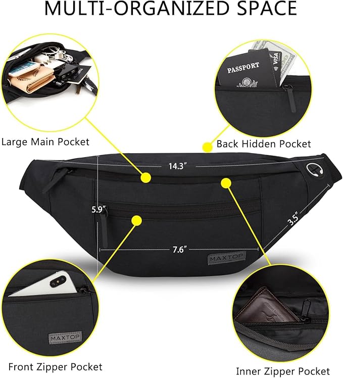 MAXTOP Large Crossbody Fanny Pack with 4-Zipper Pockets,Gifts for Enjoy Sports Festival Workout Traveling Running Casual Hands-Free Wallets Waist Pack Phone Bag Carrying All Phones