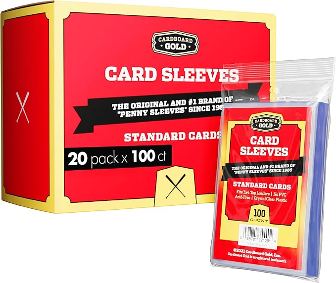 Cardboard Gold Penny Sleeves for Trading Cards - 2000 Count Card Protector Sleeves with Durable, Crystal-Clear Plastic for Baseball, Sports, Collector, Standard-Sized Cards 2-5/8” x 3-5/8” (67x94mm)