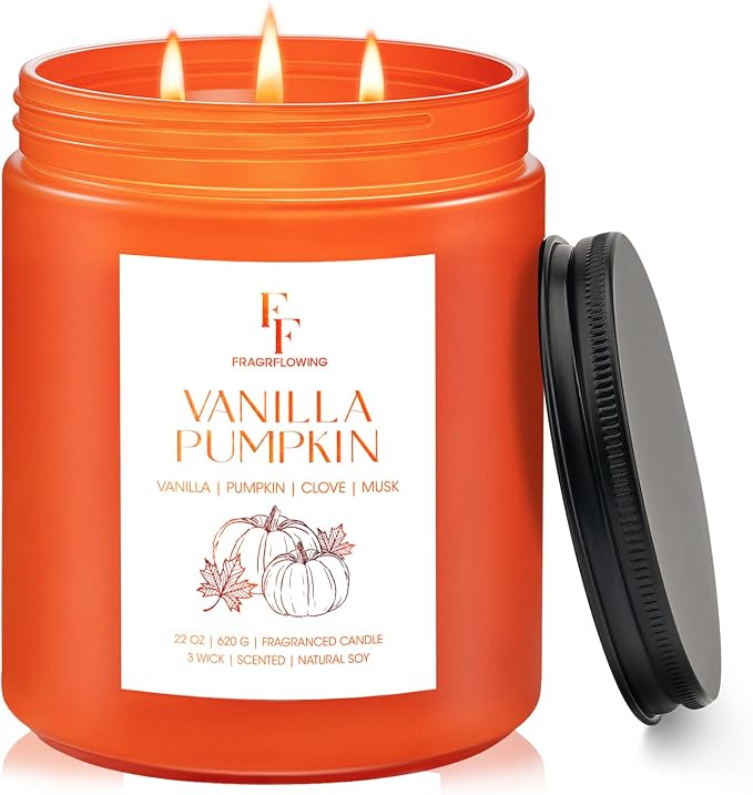 Large Fall Candle Vanilla Pumpkin Scented, 3-Wick 22oz Long Lasting | Soy Wax, Aromatherapy Candle for Home, Fall Gifts for Women Men