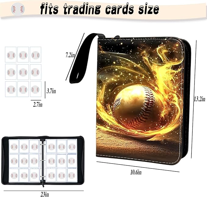 Baseball Card Binder - 900 Capacity 9-Pocket Trading Card Album, Zippered PU Leather, 3-Ring Holder, Waterproof Baseball Card Storage, Ideal Christmas Holiday Gift for Kids, Fans & Collectors