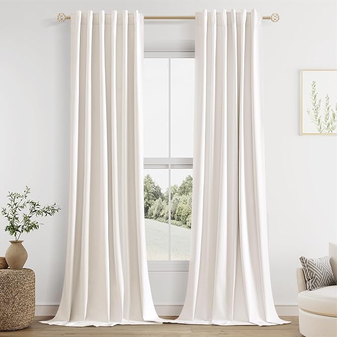 Guken 100% Blackout Linen Curtains 112 Inch Long by 52 Inch Wide 2 Panels Set for Living Room Bedroom Back Tab Thermal Insulated Black Out Linen Drapes Room Darkening Window Curtains, Ivory
