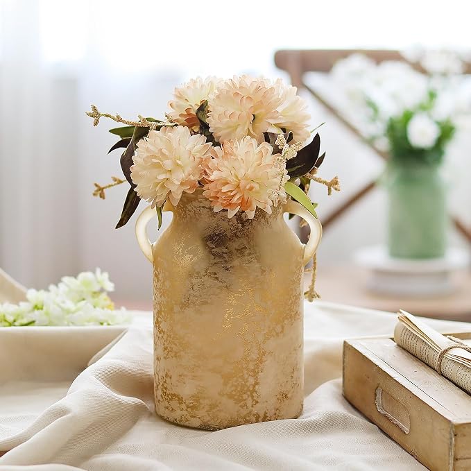 Glass Flower Vase with Handle- 8 Inches Rustic Imitation Ceramic Vase for Flowers, Vintage White Brown Centerpiece Decorations for Farmhouse, Modern Home, Table & Holiday Decorations