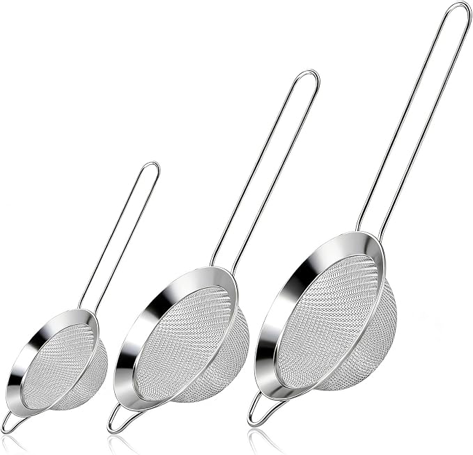 3 Pcs Fine Mesh Strainers with Handle, Stainless Steel Sifter Metal Strainer Set, Small Mini Sieve for Kitchen, Tea, Cocktail, Juice Coffee