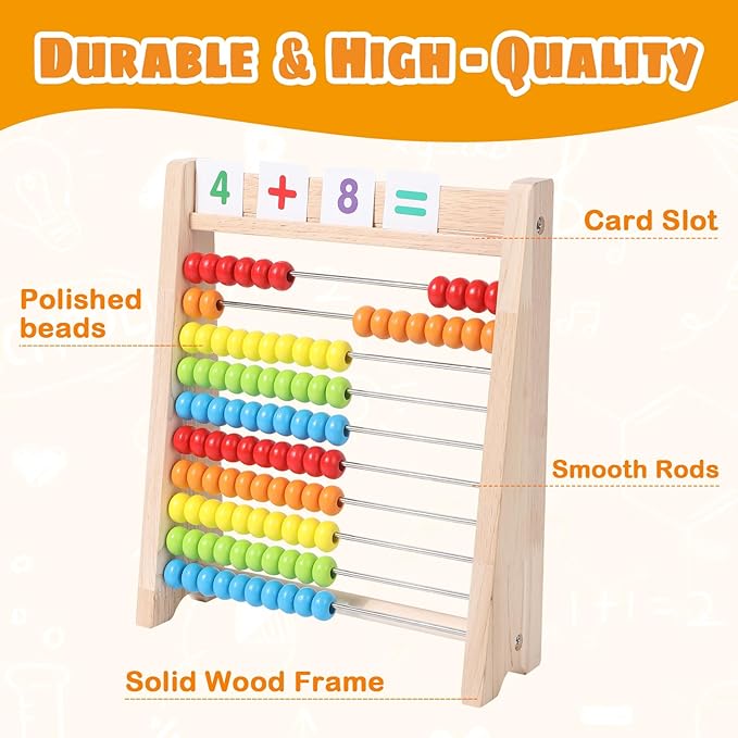 Wooden Abacus for Kids, Math Learning Tool, 10-Row Bead Frame with Counting Sticks, 1-100 Number Cards & Math Symbols, Preschool Educational Toy for Toddlers 3+
