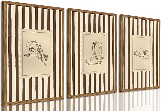Western Cowboy Wall Art Set of 3, Vintage Cowboy Boots Hat Wall Decor Painting Southwestern Rodeo Canvas Prints Picture for Living Room Bedroom Farmhouse 12x16 Inch Wood Framed