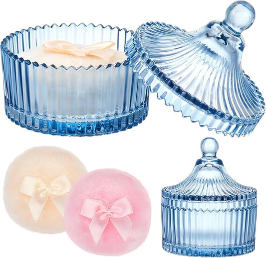 Tioncy 3 Pcs Large Body Powder Puff and Container Valentine's Day gift Powder Container with Puff Crystal Case Soft Washable Reusable Velour Face Body Glitter Wet Dry Makeup(Classic,Blue)
