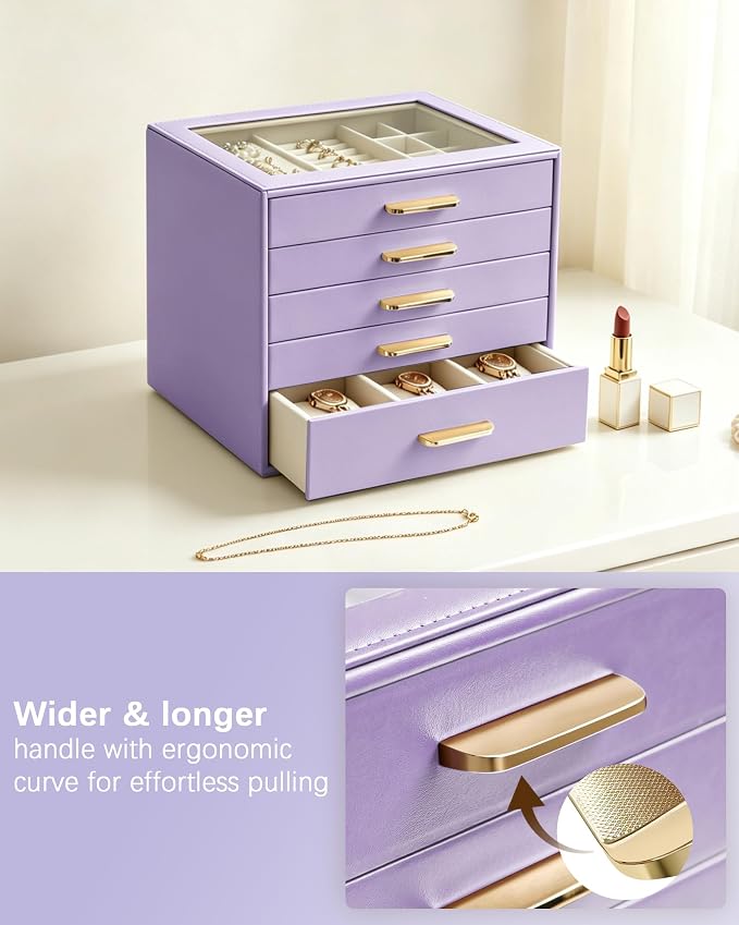 Homeanda Jewelry Boxes Organizer with Glass Lid, 5-Layer PU Leather, Purple | Modern style display case with 5 drawers for daily jewelry, women, mom or girl gift