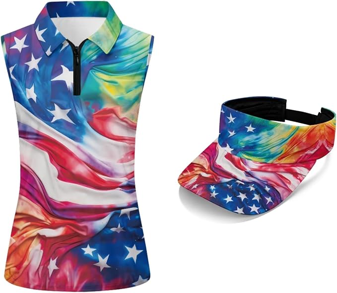 POLERO Golf Tank Top Women Golf Shirts and Visor Hat Collared Racerback Tennis Shirt Set Quarter Zip