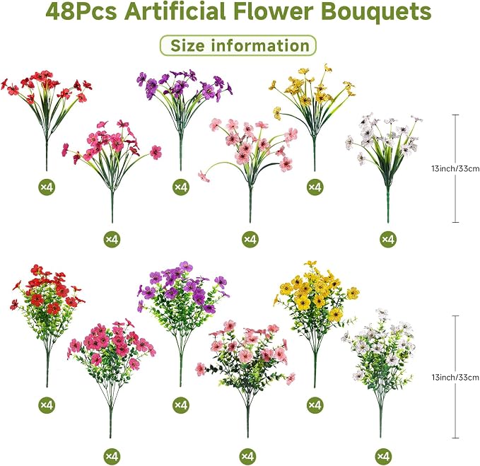 Alupssuc 48 Bundles Artificial Daisy Flowers UV Resistant for Outdoor Decor | Silk & Plastic, Spring Faux Plants Greenery, Bendable Stems, for Porch Patio Hanging Window Planter Yard Outside, 6 Colors