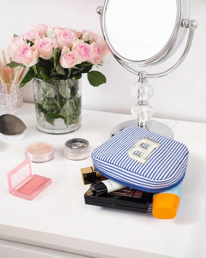 KOTORA Preppy Makeup Bag for Women - Personalized Cute Makeup Pouch for Girlfriend Bridesmaid Wife | Cosmetic Travel Toiletry Bag for Friend | Birthday Gift Idea for Her Mom Preppy Stuff (Blue, B)