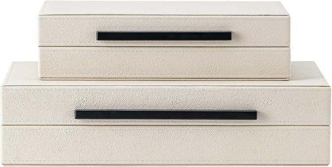 Set of 2 Beige Shagreen Decorative Storage Boxes with Black Metal Handles – Faux Leather Jewelry & Memory Boxes, Nesting Photo Organizers for Home Decor