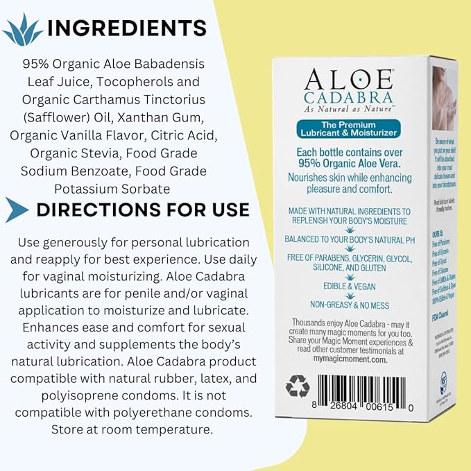 Aloe Cadabra Flavored Vaginal Moisturizer, Organic Edible Aloe, Non-Staining, pH Balanced, Toy Compatible (Tahitian Vanilla, 2.5 Ounces, 1 Pack)