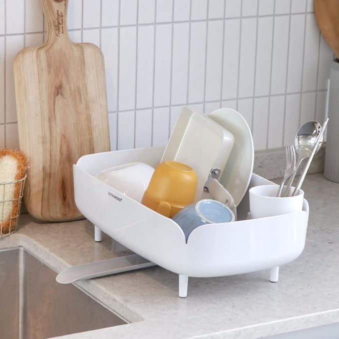 Small Dish Drying Rack for Kitchen Counter, Compact Dish Drainer with Drainage Spout & Spoon Holder, Space-Saving Drying Rack for Small Kitchens, Apartments & RVs, Made in Korea (Coral)