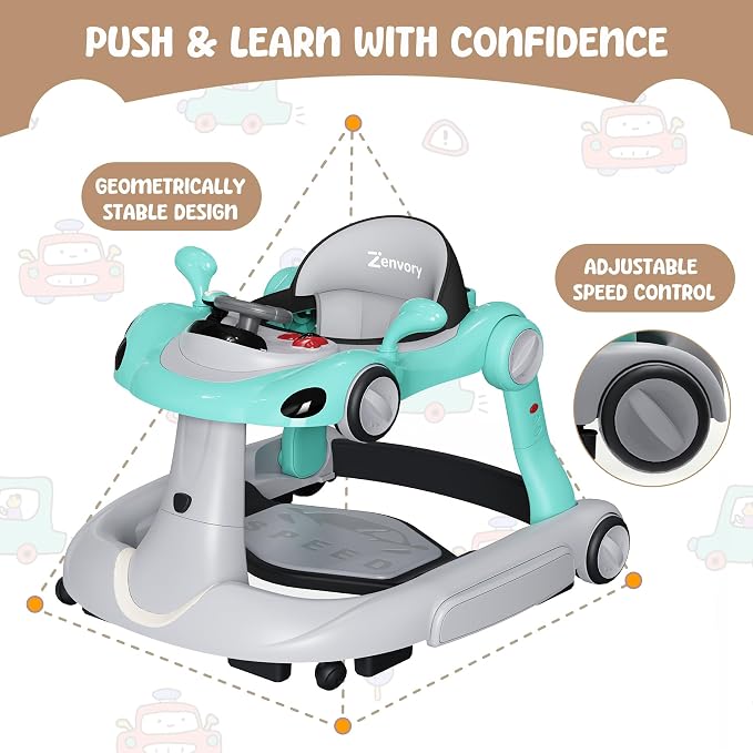 6 in 1 Foldable Baby Walker, Activity Baby Walker-Baby Bouncer, Rocker, Activity Center,Push Walker,Detachable Trampoline Mat, Adjustable Speed Rear Wheels and Height,Music & Lights,Ages 6-18 Months