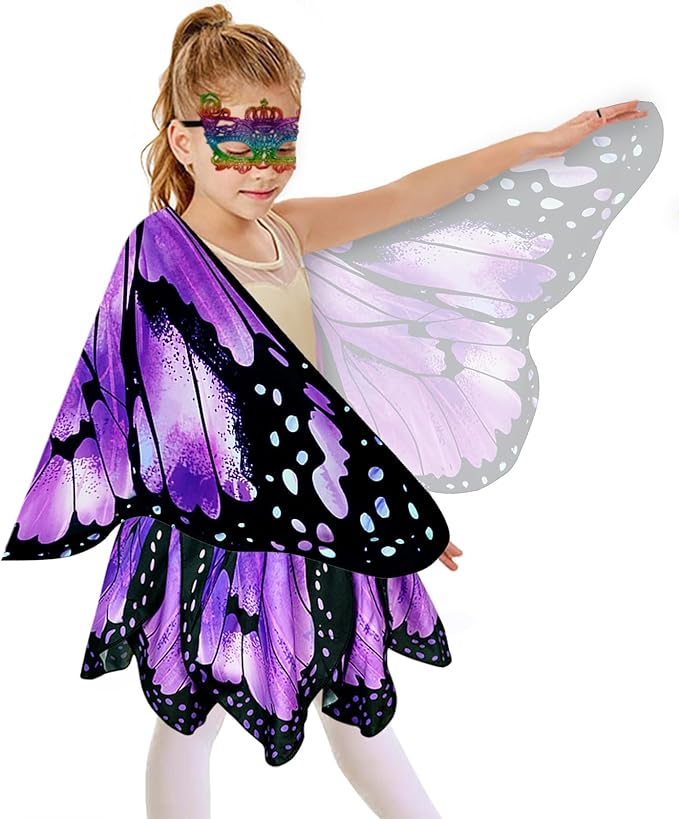 Kids Butterfly Wings Costume for Girls Fairy-Wings Toddler Dress Up Play Costumes Butterfly Skirt Set Mask Party Favors Gifts(Purple+skirt sets)