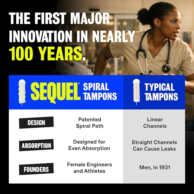Sequel Spiral Tampons for Women, Super Absorbency, 32 Count, Patented Helical Design, BPA Free Compact Plastic Applicator, Dye Free, Fragrance Free, Unscented