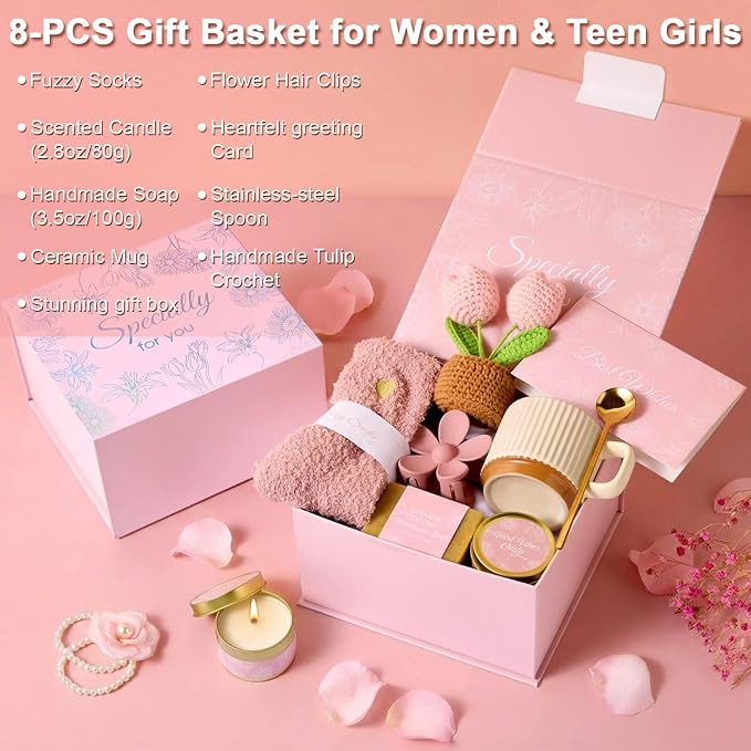 8PCS Birthday Gifts Box for Women Care Package Baskets for Women Hug in a Box Self Care Get Well Soon Gift Set for Mom Wife Girlfriend Sister Friends (Pink)