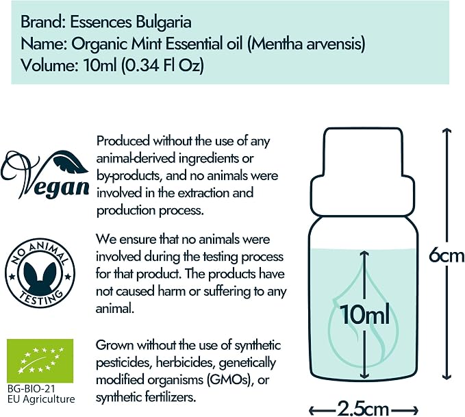 Essences Bulgaria Organic Mint Essential Oil 1/3 Fl Oz | 10ml | Mentha arvensis | 100% Pure and Natural | Undiluted | Therapeutic Grade | Family Owned Farm | Steam-Distilled | Non-GMO | Vegan