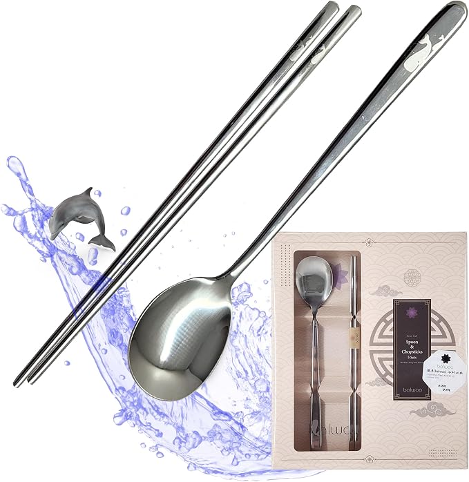 [5 Sets][Made in Korea] Sticky Korean Style Rice Spoon Chopsticks Set 430 Stainless Steel Soup Spoon Ramen Noodle Chopsticks Flatware (Whale)