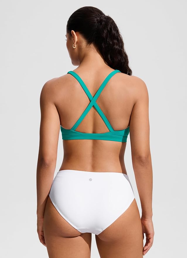 CRZ YOGA Twist Front Cut Out Bikini Tops for Women - Padded V Neck Spaghetti Strap Criss Cross Swim Bathing Suit Bra
