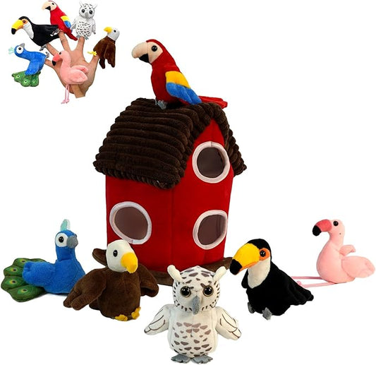 6pcs Birds Finger Puppets Bringing a House，Novelty Animals Toys Puppet for Kids, Storytelling Role-Playing Plush Finger Puppets Gifts for Boys and Girls