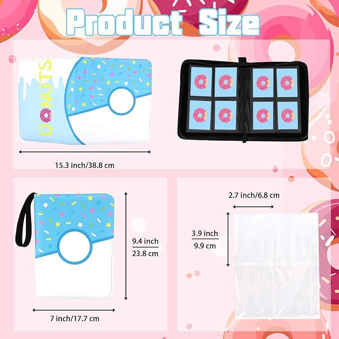 4 Pocket Card Binder 400 Card Holder Album, Pink Donut Trading Cards Holder Zipper Binder for Girl Teen Collection (Blue Donut, 400 Pocket)