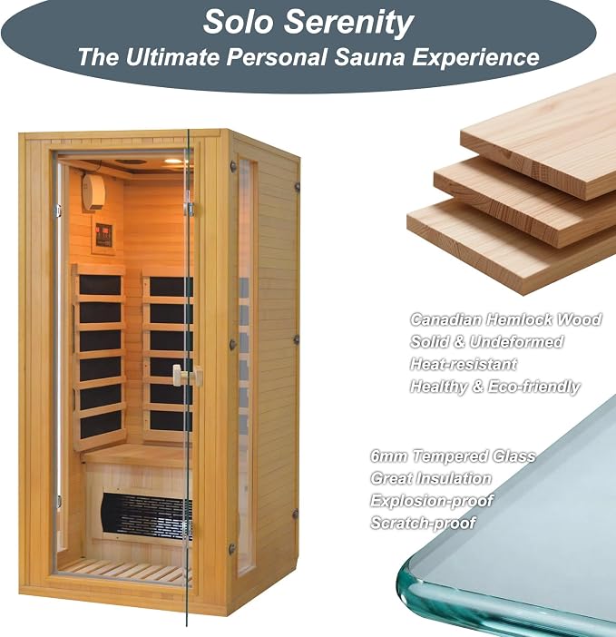 Home Infrared Sauna Room 1 Person Wooden Canadian Hemlock 1260W Low Magnetic Graphene Carbon Plate Heater Indoor Saunas (1-2 Person 34.25 * 31.1 * 66.9in)