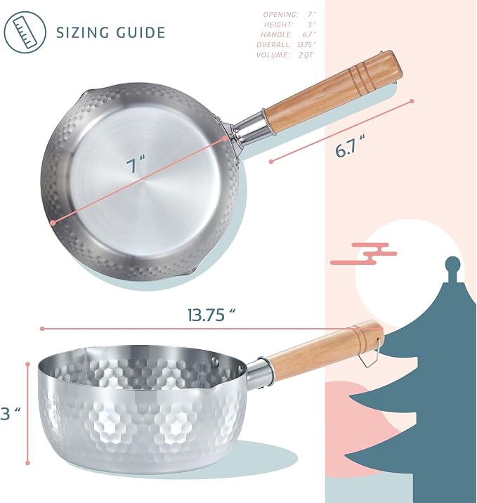 CONCORD 2 Quart Stainless Steel Yukihira Pan. Traditional Japanese Saucepan with Wood Handle. Great for Ramen, Tempura, Milk, etc.
