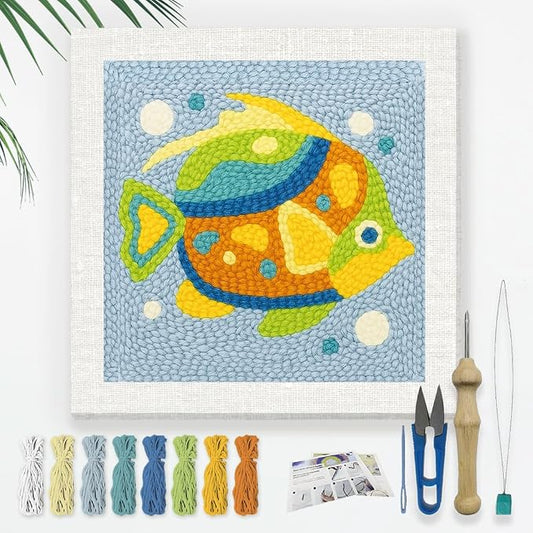 Doodlream Colorful Fish DIY Punch Needle Embroidery Kit for Adult Beginner, 9.4" Cute Fish Marine Animals Punch Stitching Craft Set for Starter with Frame,Fabric Pattern,Threader, Yarn, Pinch Needle