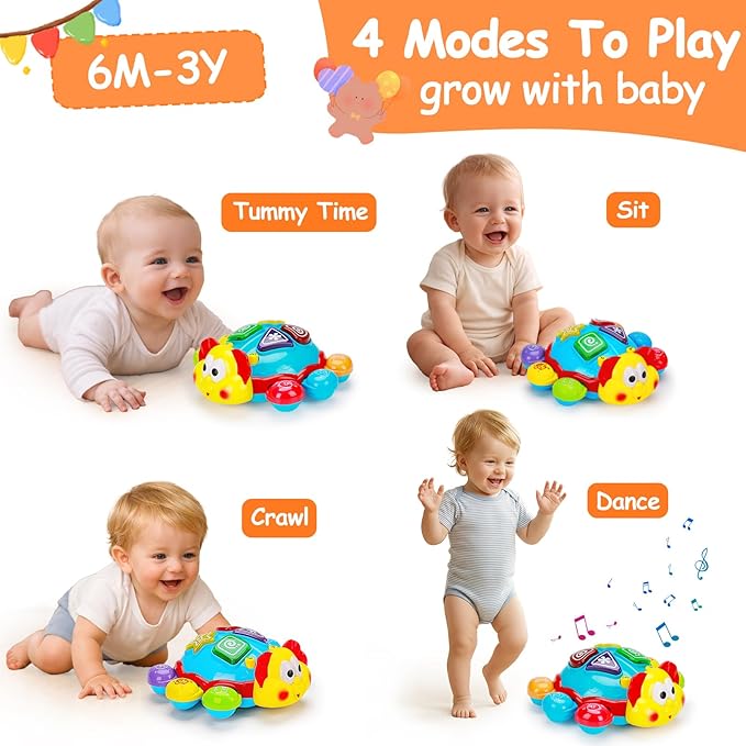 Baby Crawling Toys 6-12 Months, Musical Light Up Tummy Time Toy for Infant 0-6 7 8 9 12-18 Month Old, Toddler Spanish English Bilingual Learning Educational Development Gift for 1 2 Year Old Boy Girl
