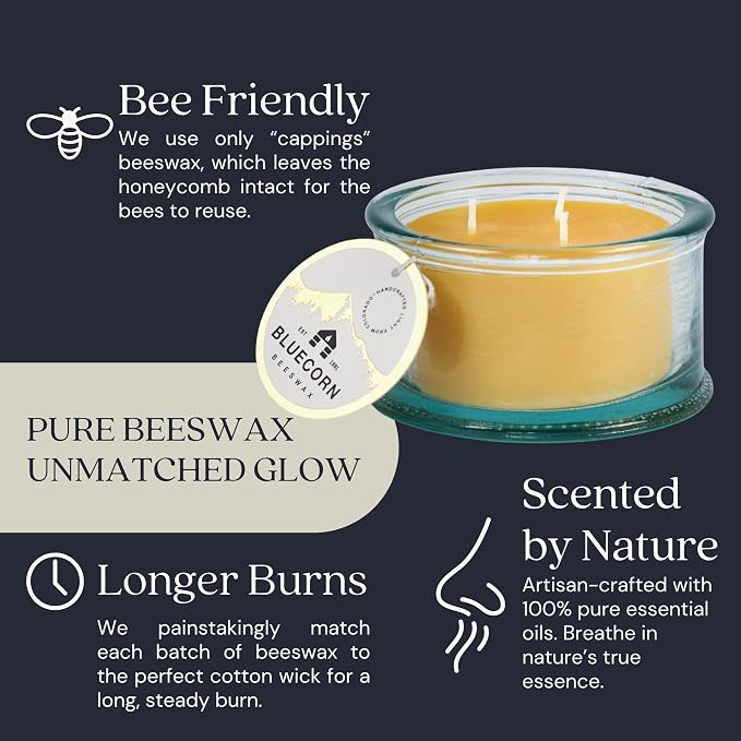 Bluecorn Botanica Beeswax 3-Wick Candle – Lemongrass, Cassia & Rosemary, 100% Pure Beeswax & Essential Oils – 10oz Hand-Blown Recycled Spanish Glass – Non Toxic, Clean Burning, Refillable Glass Jar