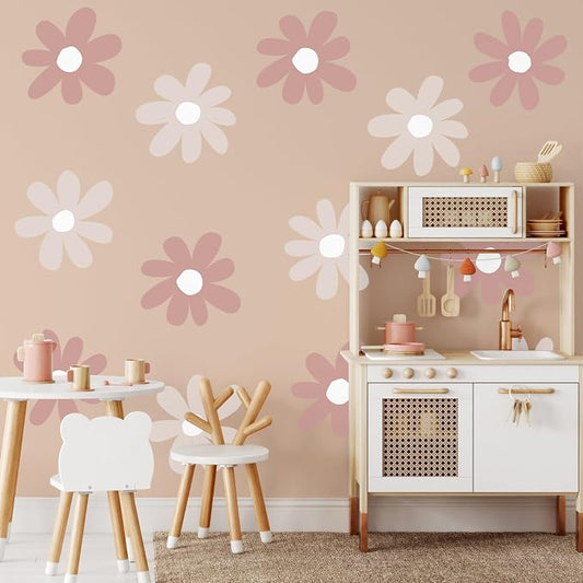 TaoBary 12 Sheet Daisy Wall Sticker Decal,Grey Color,Simple Style | Big Flower Wall Sticker, Pink White Floral Decal, Daisy Bedroom Room Decor, Removable Peel and Stick, Nursery Home Wall Decor