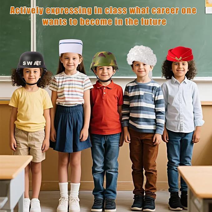12PCS Pretend Career Hats, Dress Up Role Play Hats, Wigs, Helmets for Kids, Halloween Costume Role Play Dressup Set Police, Builder, SWAT, Army, Soldier, Lawyer, Astronaut, Captain, Chef, Nurse etc.