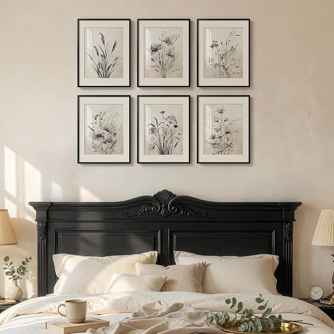 Framed Vintage Black and White Boho Botanical Wall Art, 6 Piece 11x14 In | Retro floral painting, Canvas prints with mat, Farmhouse neutral rustic flower artwork, Living room kitchen bedroom pictures