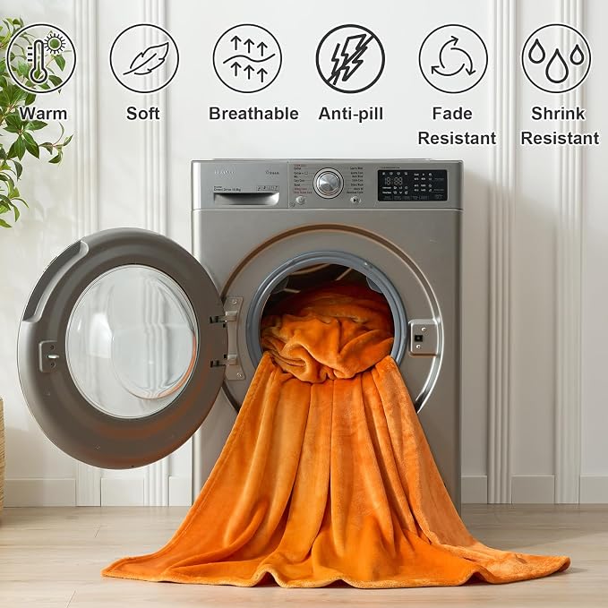Hansleep Throw XL Orange Fleece Blanket, Soft Flannel Bed Blanket | Fuzzy Cozy Blanket 50x70 Inches, Multi-use for Bed, Sofa, Couch, Travel, Camping, All Season Warm Lightweight Cover