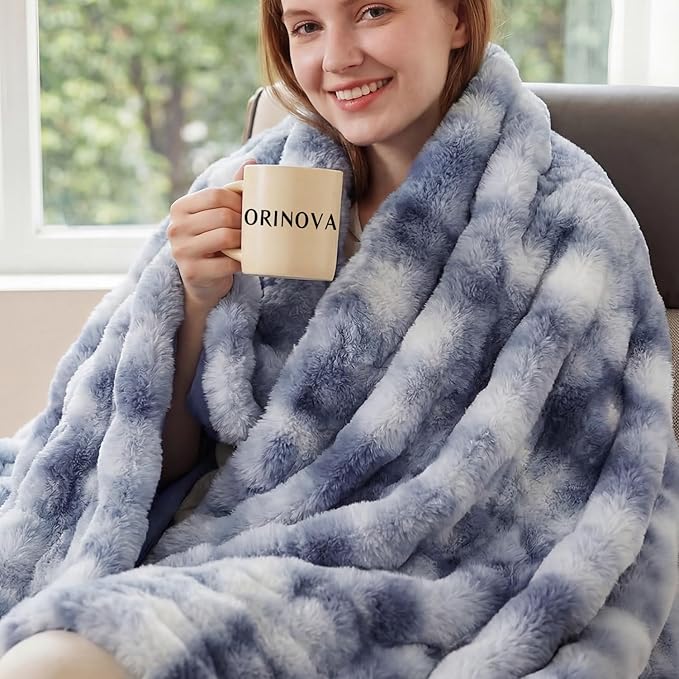 ORINOVA Tie-dye Blue Soft Comfy Throw Blanket for Couch Bedroom Faux Fur 50x60 Fluffy Blanket for Living Room Furry Bed Cozy Home Decor Gifts 860 GSM