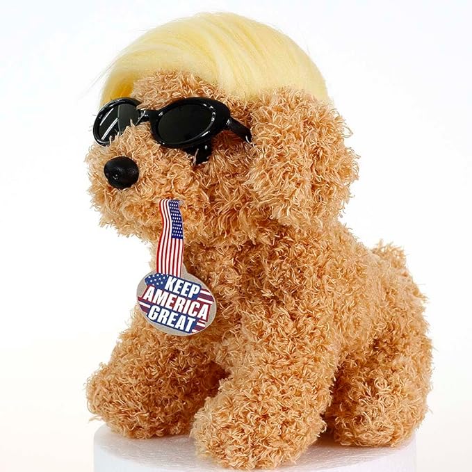 Donald Teddy Dog with Wig, Tag and Flag Donald Doll Donald Dog Toy Funny Gifts Funny Toys (Yellow)