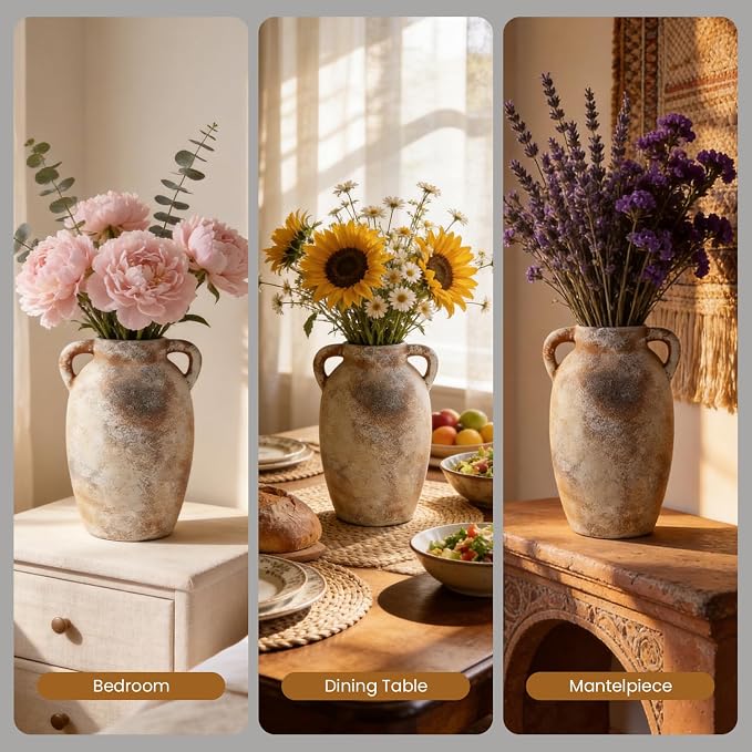 Ceramic Flower Vase, 9.8" Rustic Farmhouse Vase with Glazed Interior, Decorative Pottery Vase for Fresh Flowers, Eucalyptus, Dining Table Centerpiece, Entryway and Mantel Decor