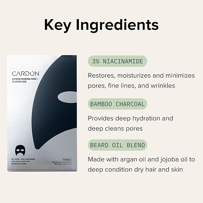 Cardon Complete Face & Beard Care Sheet Masks for Men - Korean Face Masks Skincare with Bamboo Charcoal Detox + Premium Beard Oil - 4 Pack for Deep Hydration, Anti-Aging & Post-Shave Comfort