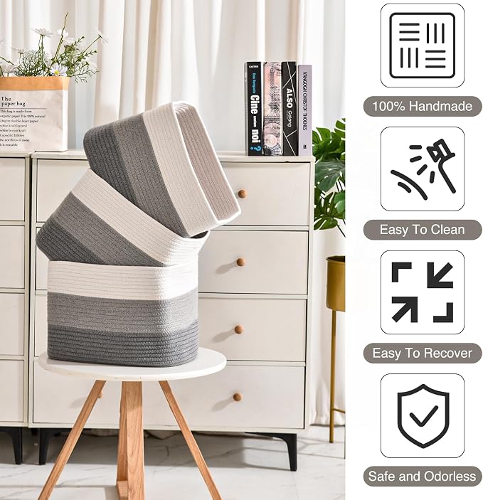 ICERZCZ Storage Baskets for Organizing Shelves, Woven Cotton Rope Baskets for Storage Books Towels Toys, Organizing Baskets, Toy Basket for Nursery Bathroom, 15"x11"x9.5", 3 Packs, Gradient Grey