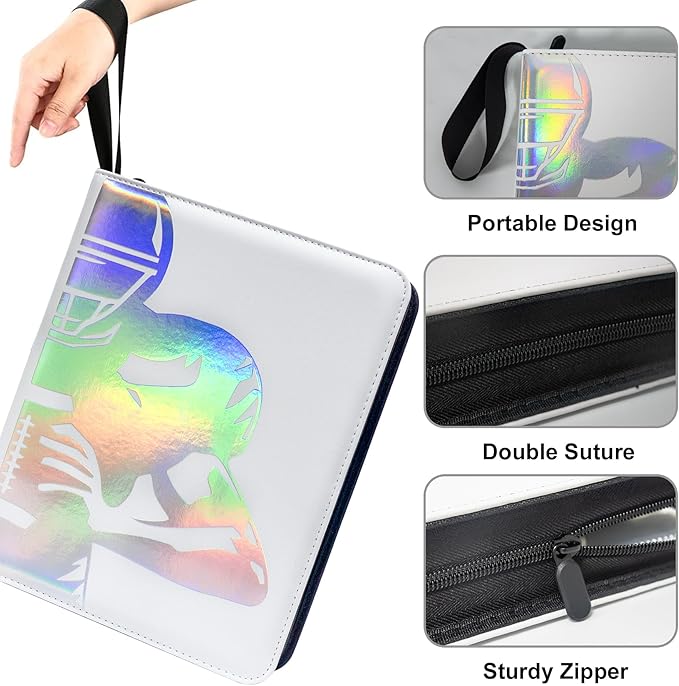 900 Pockets Football Card Binder, Portable Waterproof Storage Card Album with Removable Sleeves for Sports Football Cards 2025 2026 Collectors(laser silver hot stamping)