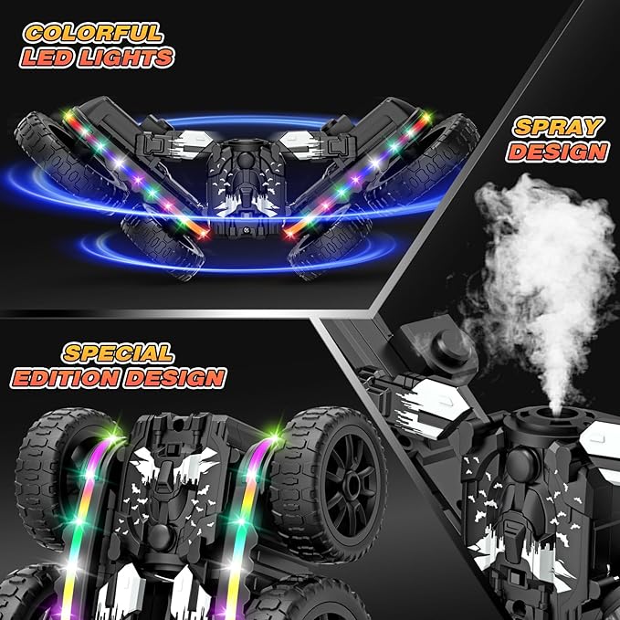 Jimdella RC Cars Toys, 2-in-1 Remote Control Car Transform 4WD with Spray & LED Lights, 2.4GHz Off-Road Stunt Truck for 360° Flips Gift for Boys Age 8-12 (Black)