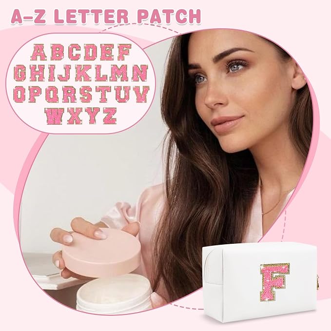Small Personalized Initial A-Z Patch Makeup Bag,White Cute PU Leather Glitter Letter Cosmetic Bag for Teen Girls,Travel Toiletry Bag with Zipper,Preppy Monogrammed Birthday Gift for Daughter Niece F