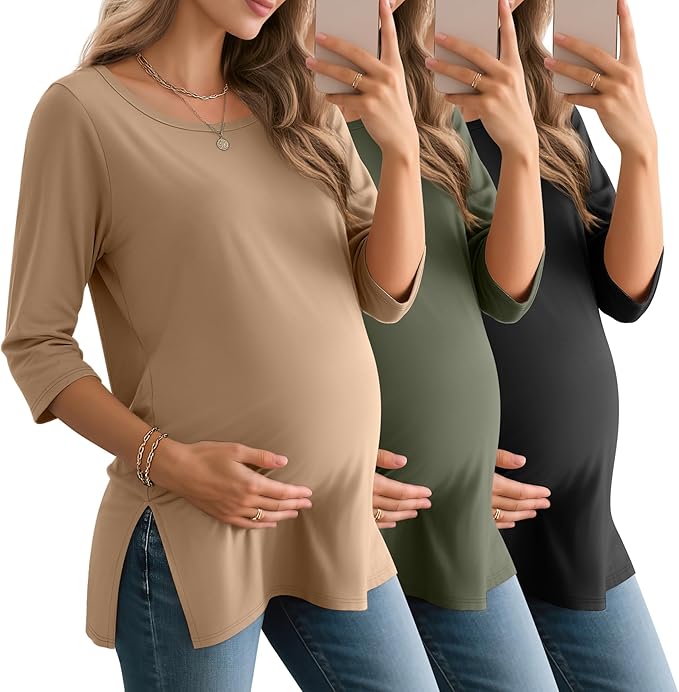 3 Pack Women's 3/4 Sleeve Maternity Shirts Elbow Length Clothes Round Neck Tunics Pregnancy Loose Side Split Tops