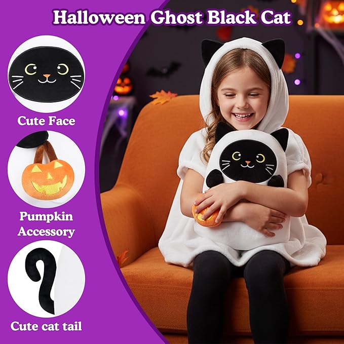 Halloween Ghost Stuffed Animal, Halloween Ghost Black Cat Plush Toy with Pumpkin Gifts for Girls Boys Decor 10 Inch