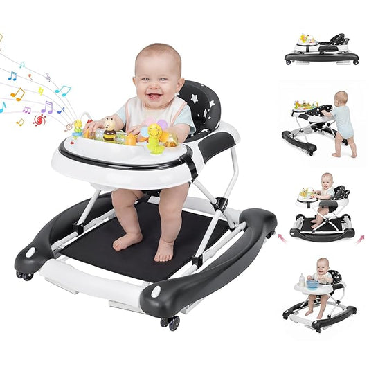 5 in 1 Baby Walker, Music and Lights Foldable Baby Walker with Wheels, 3 Adjustable Heights, with Bouncer Combo, Rocker, Activity Walker for Baby Boy and Girl 6-18 Months (Black)