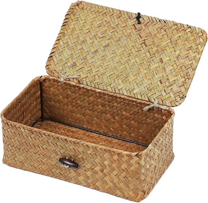 Wicker Storage Basket with Lid, Seagrass Storage Baskets for Organizing | Rectangular Woven Basket for Storage, Decorative Boxes Bins with Lid Home Organizer Decor, Small Storage Box, Shelf Organizer